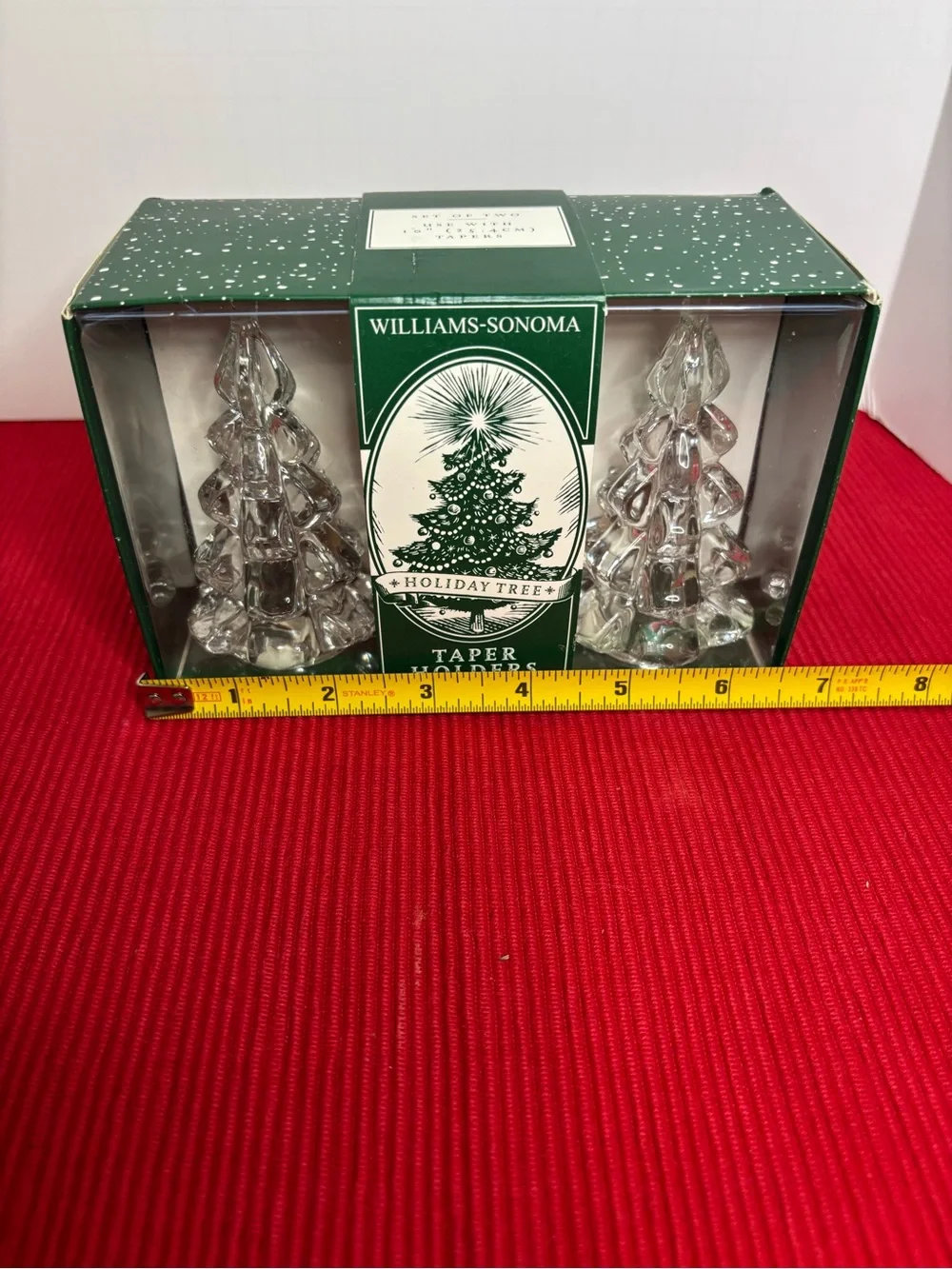 Williams Sonoma Clear Glass Holiday Tree Taper Holders, Set of 2